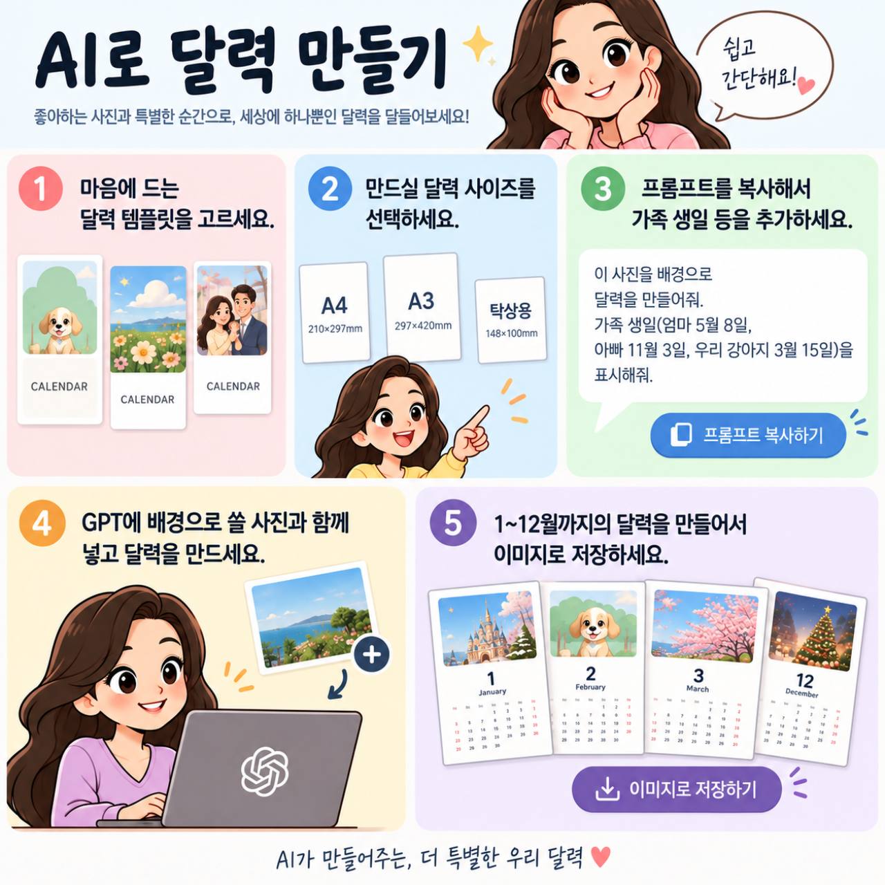 AI로 달력 만들기: 템플릿 선택, 규격 선택, 프롬프트 복사와 생일 추가, GPT에 사진 첨부, 12개월 이미지 저장